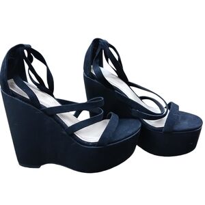 *Shoe Dazzel Summer Swaid Black Heeled Wedged Sandals